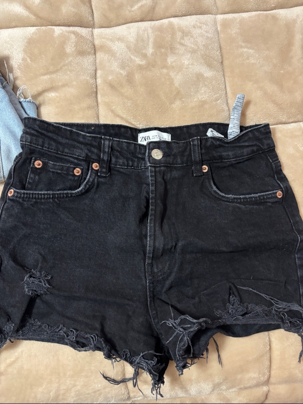 ZARA Black Distressed Raw-Hem Denim Shorts
